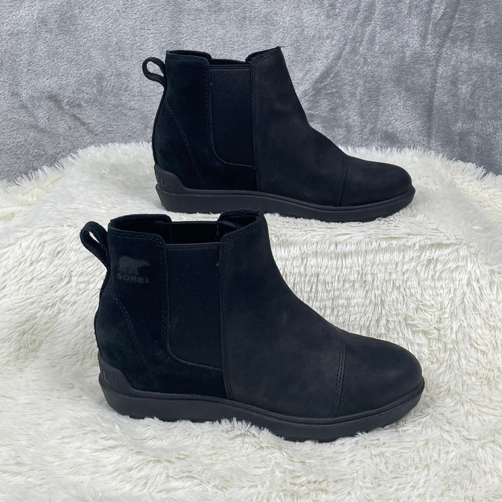 Sorel Evie II Chelsea Boots Womens 7 Black EUC Waterproof Nubuck Suede NL5020‎